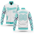 Custom White Ice Blue Aqua-Navy Check Board 3D Pattern Design Bomber Full-Snap Varsity Letterman Jacket