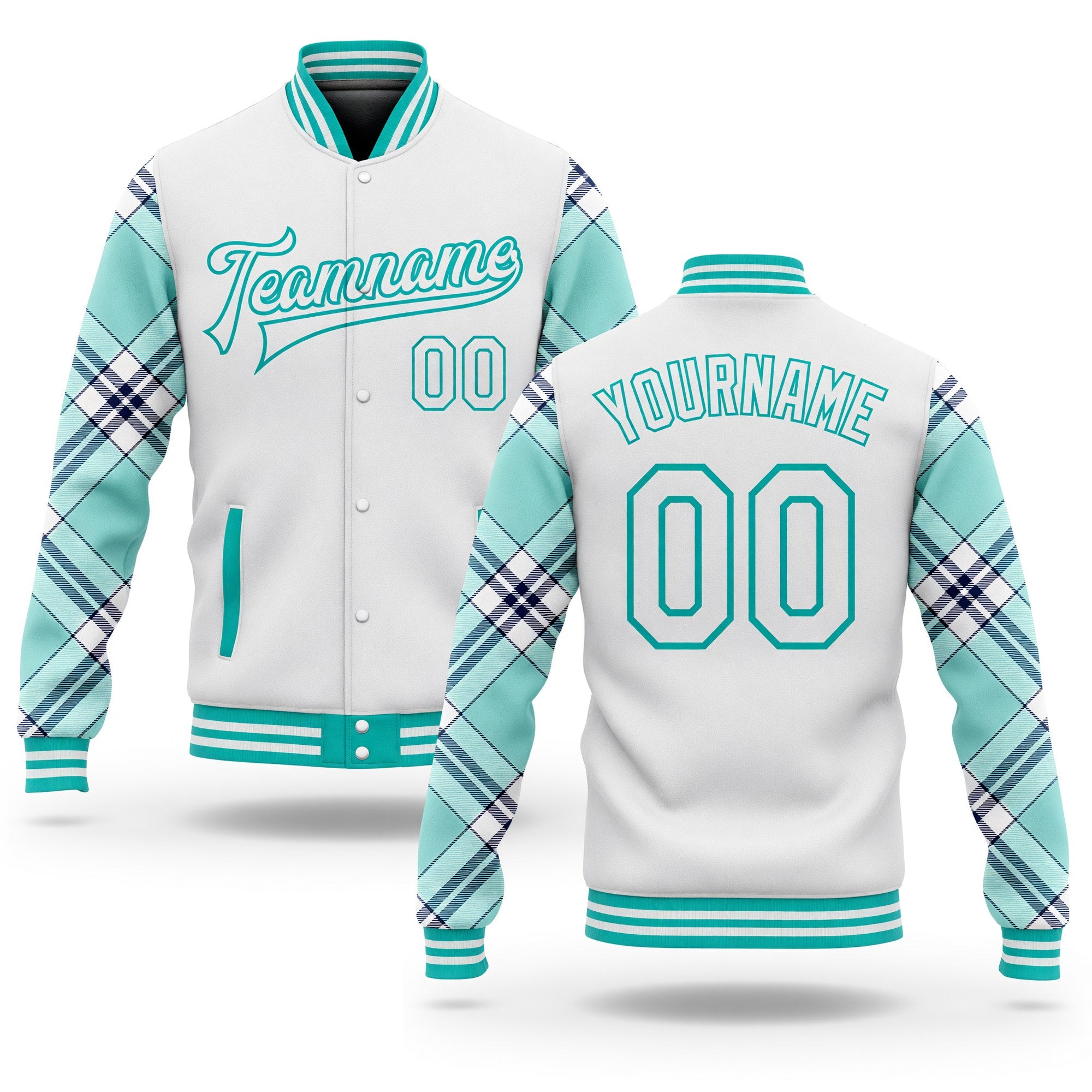 Custom White Ice Blue Aqua-Navy Check Board 3D Pattern Design Bomber Full-Snap Varsity Letterman Jacket