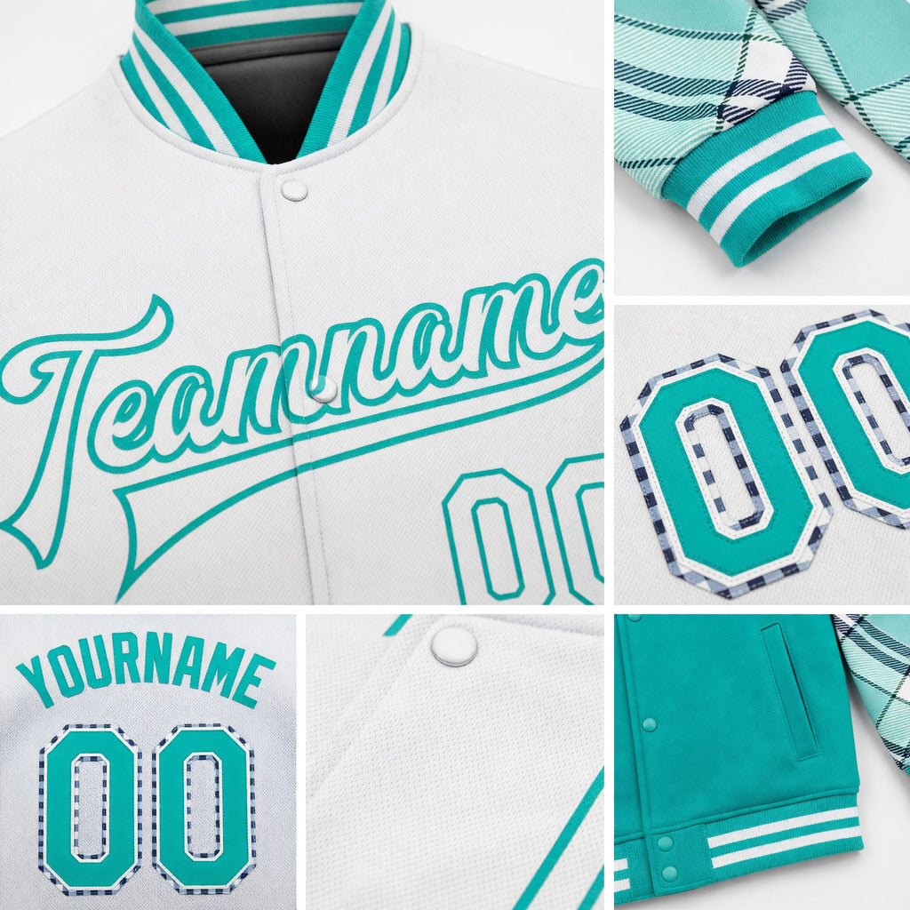 Custom White Ice Blue Aqua-Navy Check Board 3D Pattern Design Bomber Full-Snap Varsity Letterman Jacket detail