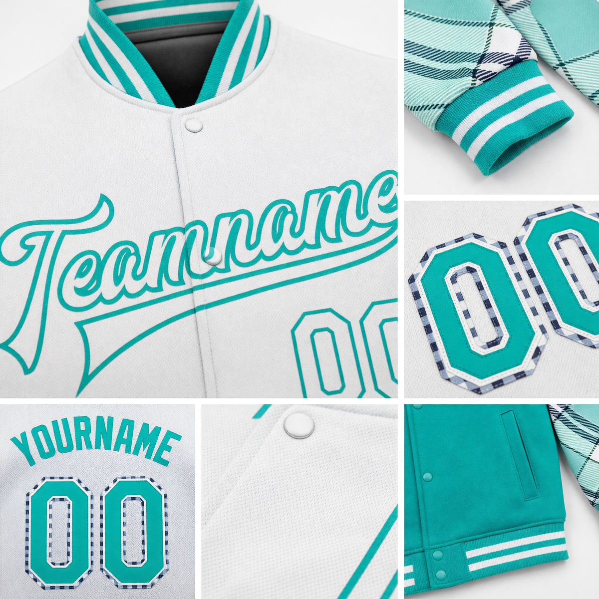Custom White Ice Blue Aqua-Navy Check Board 3D Pattern Design Bomber Full-Snap Varsity Letterman Jacket detail