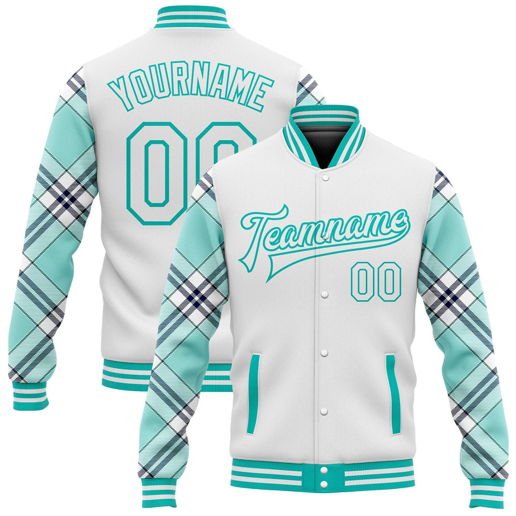 Custom White Ice Blue Aqua-Navy Check Board 3D Pattern Design Bomber Full-Snap Varsity Letterman Jacket photo 1