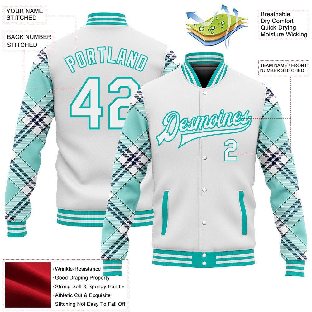 Custom White Ice Blue Aqua-Navy Check Board 3D Pattern Design Bomber Full-Snap Varsity Letterman Jacket photo 5
