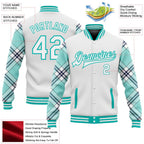 Custom White Ice Blue Aqua-Navy Check Board 3D Pattern Design Bomber Full-Snap Varsity Letterman Jacket photo 5