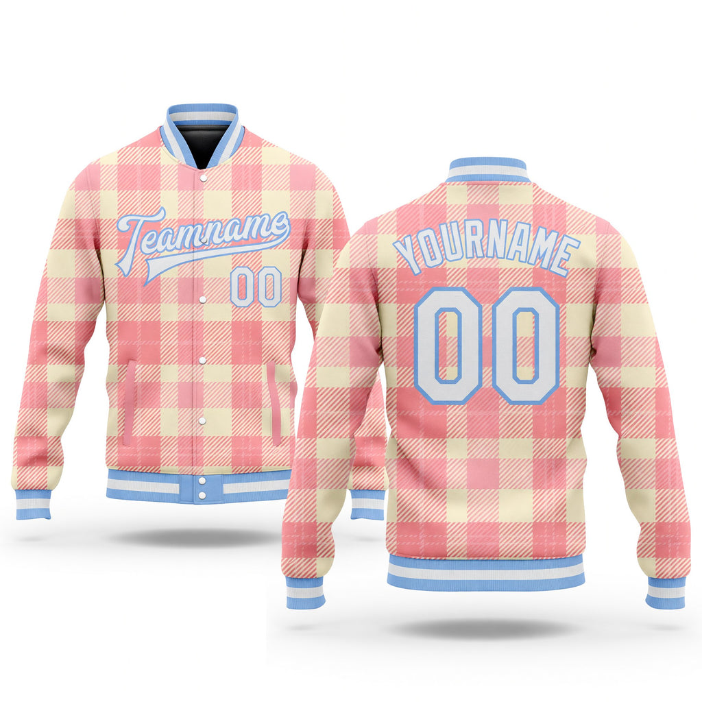 Custom Medium Pink White-Light Blue Classic Western Plaid 3D Pattern Design Bomber Full-Snap Varsity Letterman Jacket