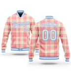 Custom Medium Pink White-Light Blue Classic Western Plaid 3D Pattern Design Bomber Full-Snap Varsity Letterman Jacket