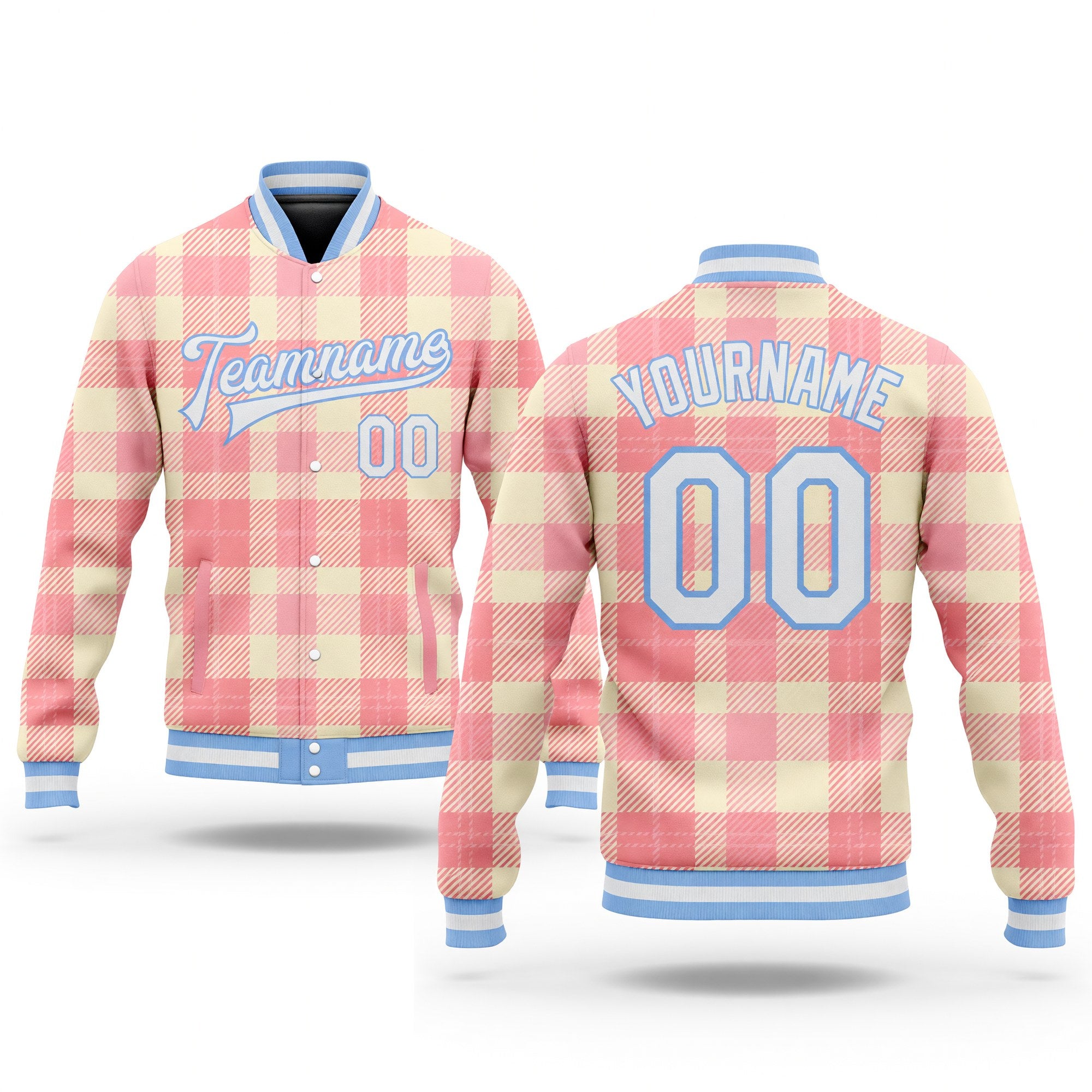 Custom Medium Pink White-Light Blue Classic Western Plaid 3D Pattern Design Bomber Full-Snap Varsity Letterman Jacket