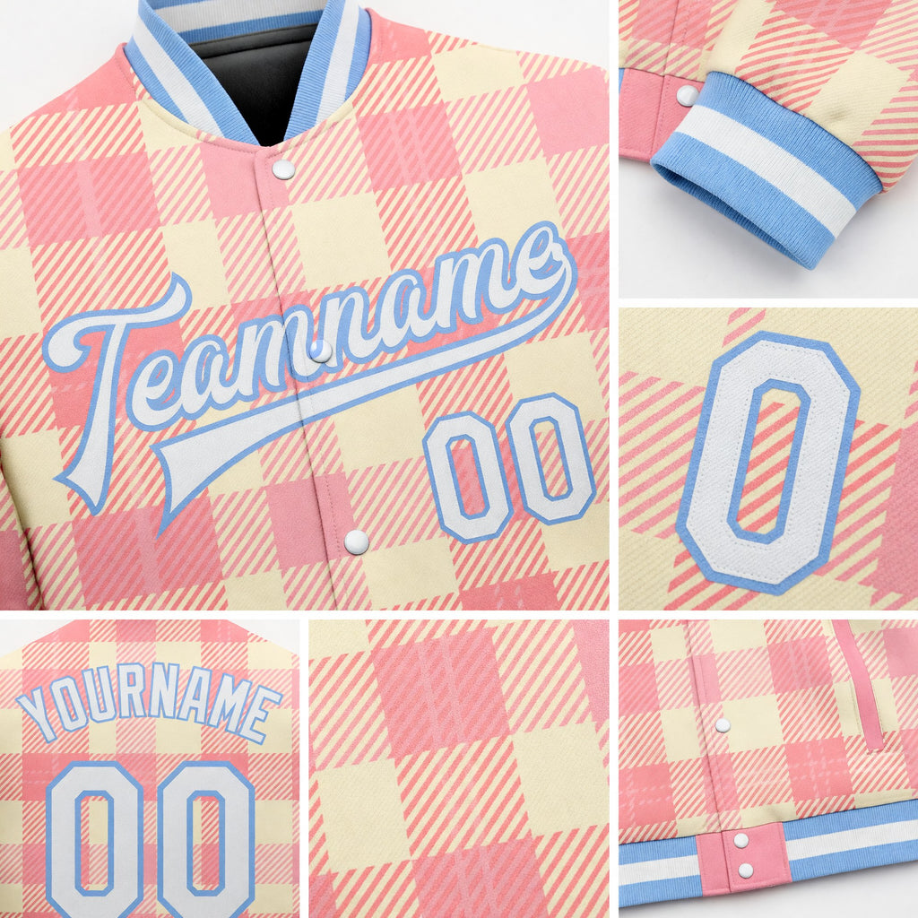 Custom Medium Pink White-Light Blue Classic Western Plaid 3D Pattern Design Bomber Full-Snap Varsity Letterman Jacket detail
