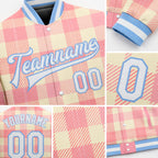 Custom Medium Pink White-Light Blue Classic Western Plaid 3D Pattern Design Bomber Full-Snap Varsity Letterman Jacket detail