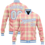 Custom Medium Pink White-Light Blue Classic Western Plaid 3D Pattern Design Bomber Full-Snap Varsity Letterman Jacket photo 1