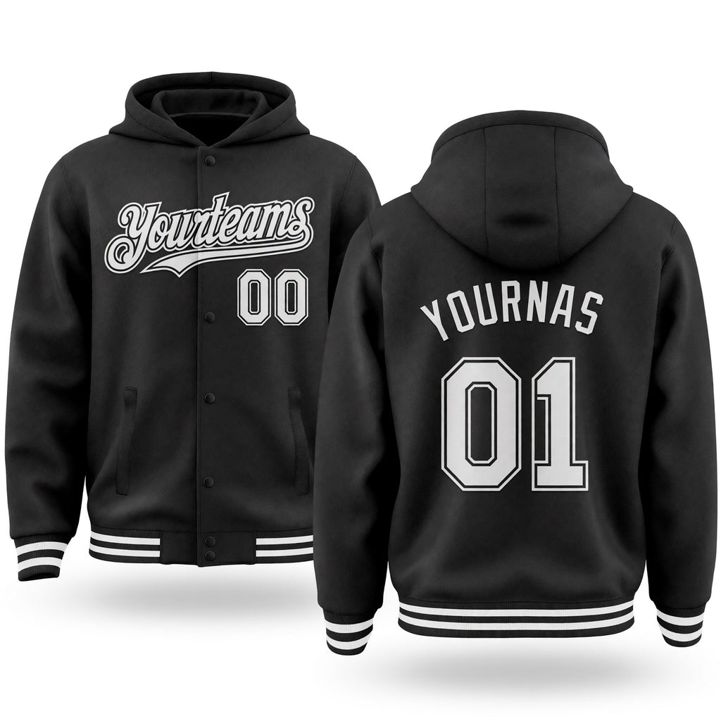 Custom Black White Bomber Full-Snap Varsity Letterman Hoodie Jacket