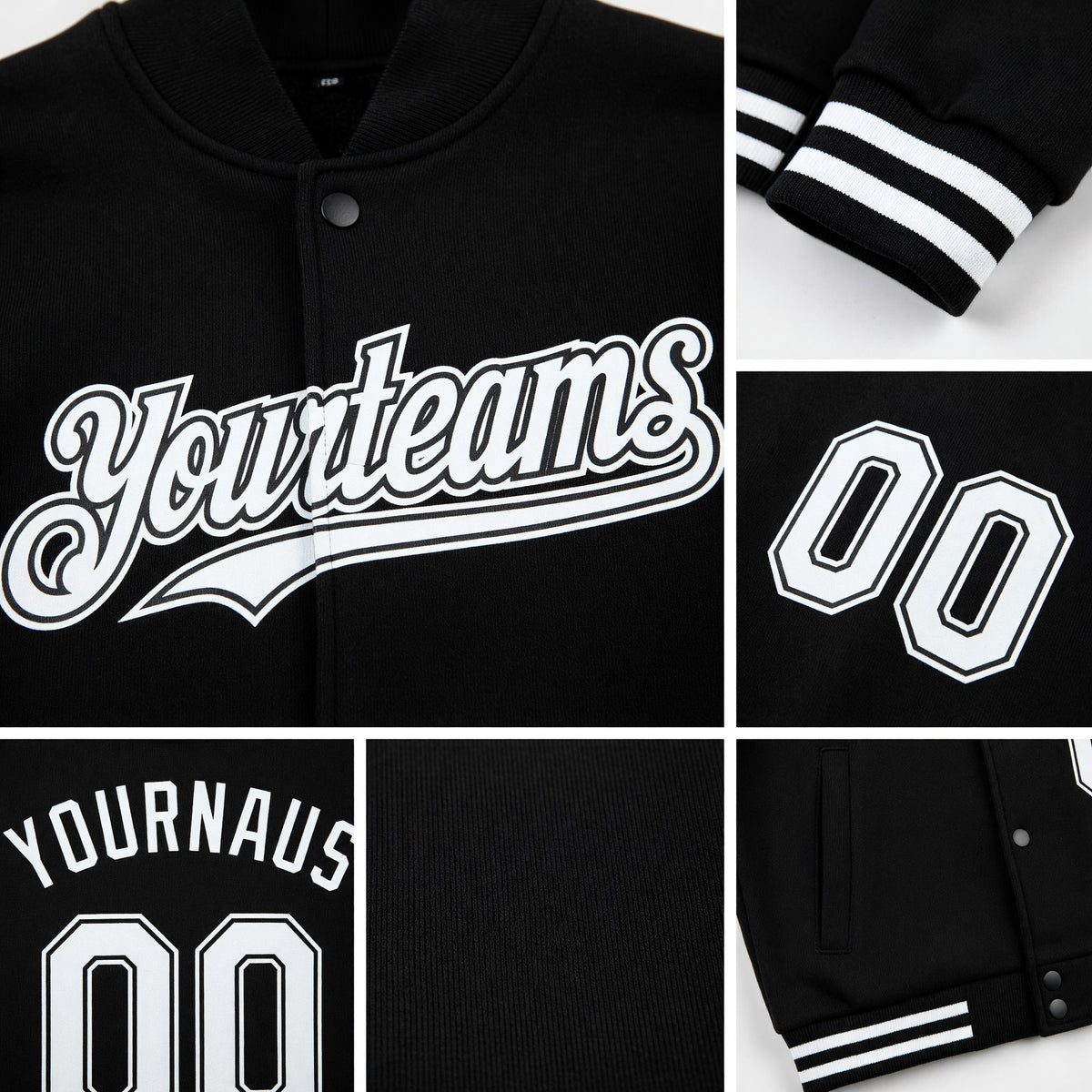 Custom Black White Bomber Full-Snap Varsity Letterman Hoodie Jacket detail