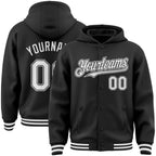 Custom Black White Bomber Full-Snap Varsity Letterman Hoodie Jacket photo 1