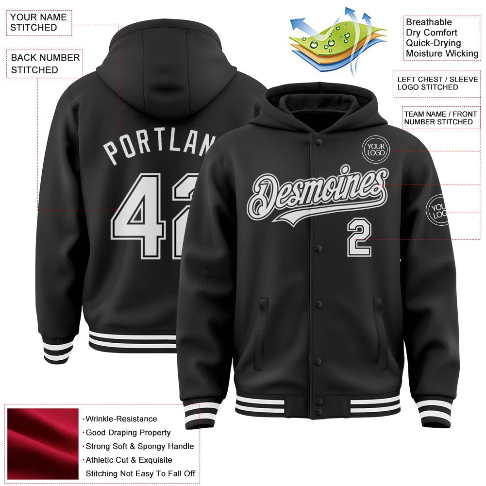 Custom Black White Bomber Full-Snap Varsity Letterman Hoodie Jacket photo 3