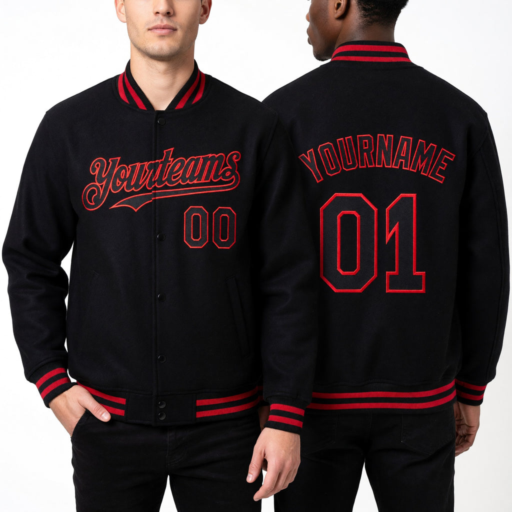 Custom Black Red Bomber Full-Snap Varsity Letterman Hoodie Jacket worn front and back