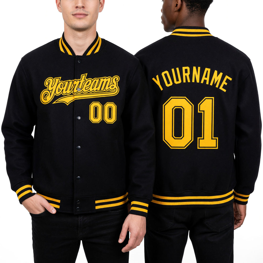 Custom Black Gold Bomber Full-Snap Varsity Letterman Hoodie Jacket worn front and back