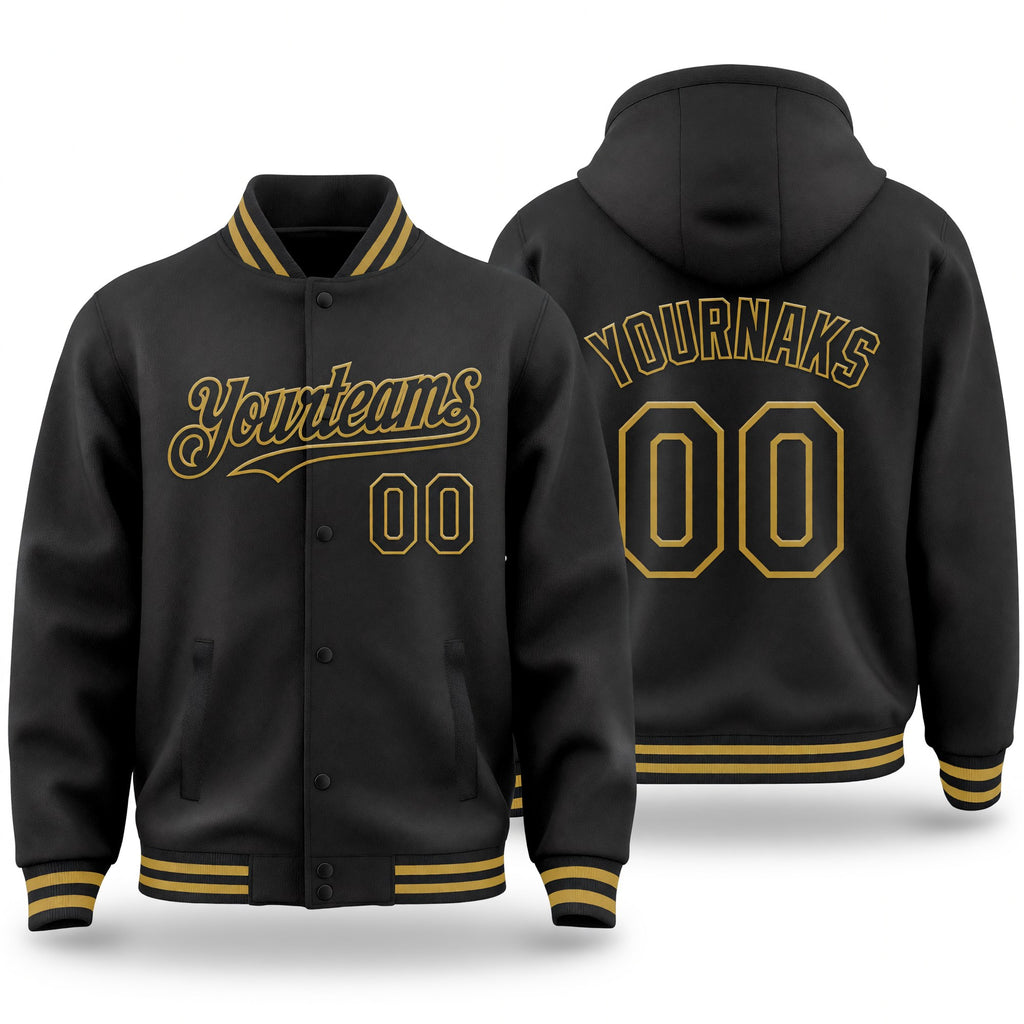 Custom Black Old Gold Bomber Full-Snap Varsity Letterman Hoodie Jacket
