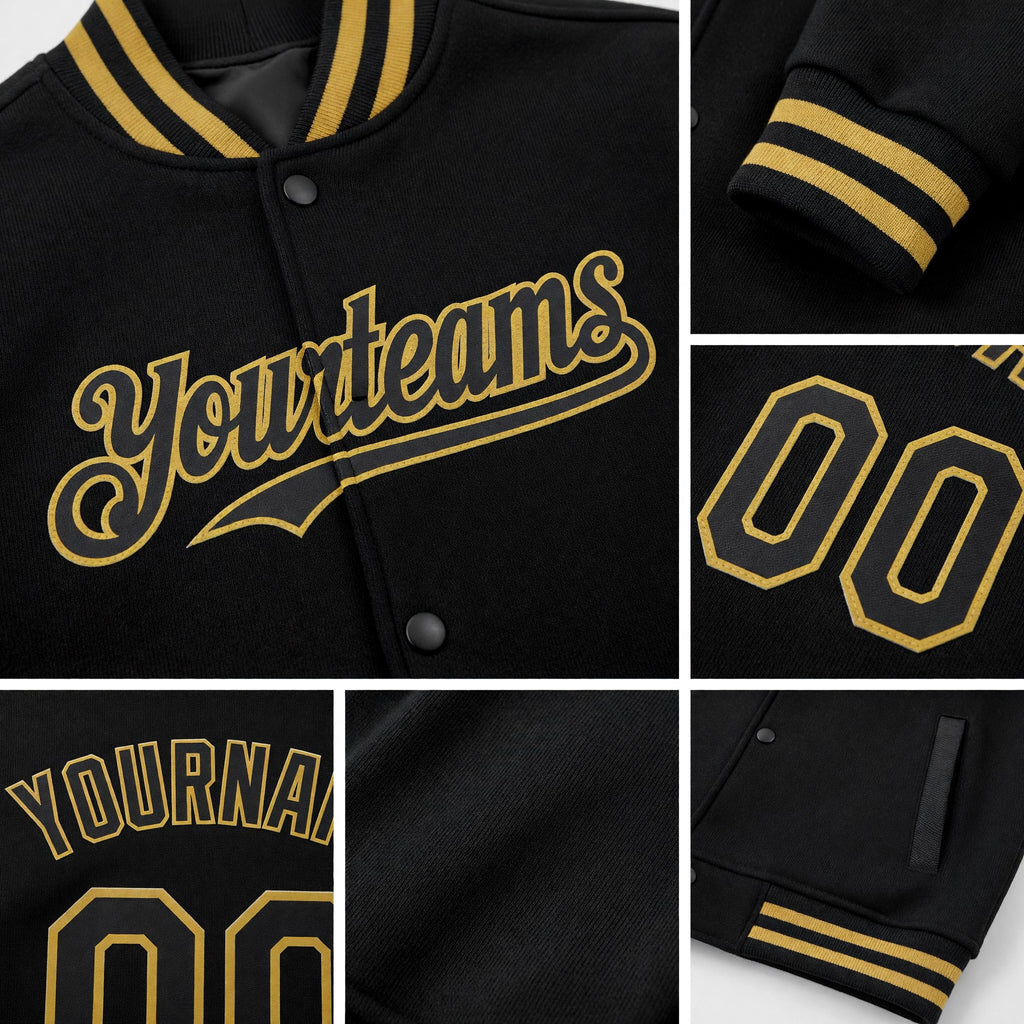 Custom Black Old Gold Bomber Full-Snap Varsity Letterman Hoodie Jacket detail