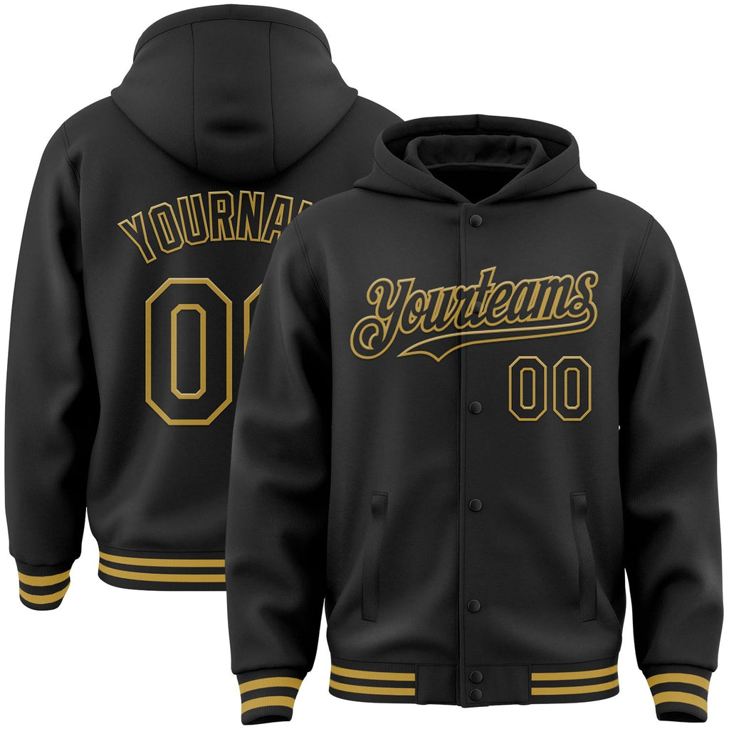Custom Black Old Gold Bomber Full-Snap Varsity Letterman Hoodie Jacket photo 1