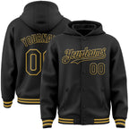 Custom Black Old Gold Bomber Full-Snap Varsity Letterman Hoodie Jacket photo 1