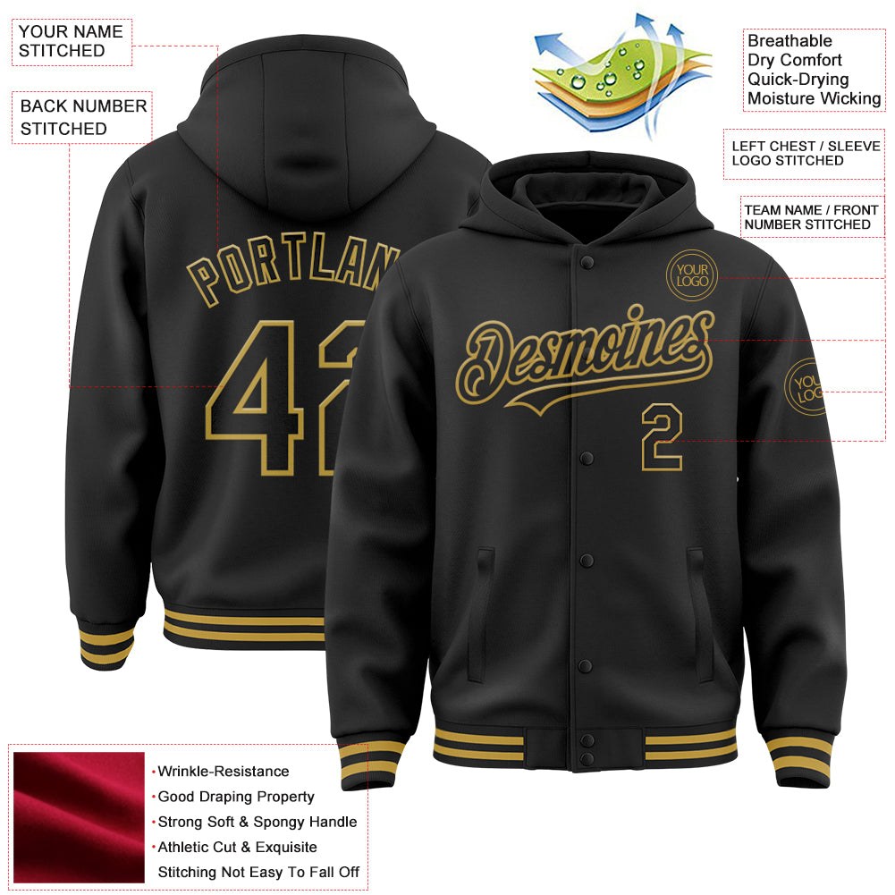 Custom Black Old Gold Bomber Full-Snap Varsity Letterman Hoodie Jacket photo 3
