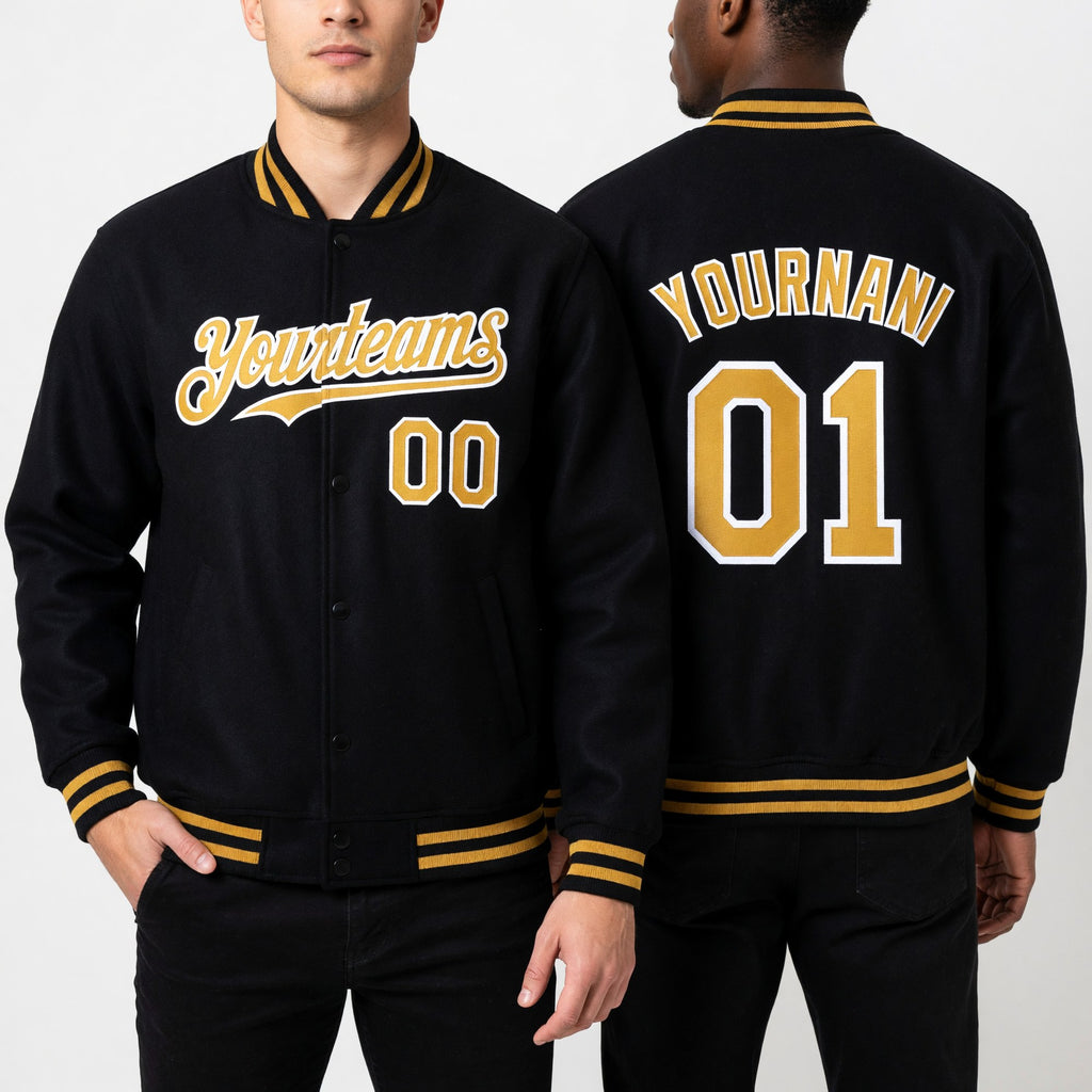 Custom Black Old Gold-White Bomber Full-Snap Varsity Letterman Hoodie Jacket worn front and back