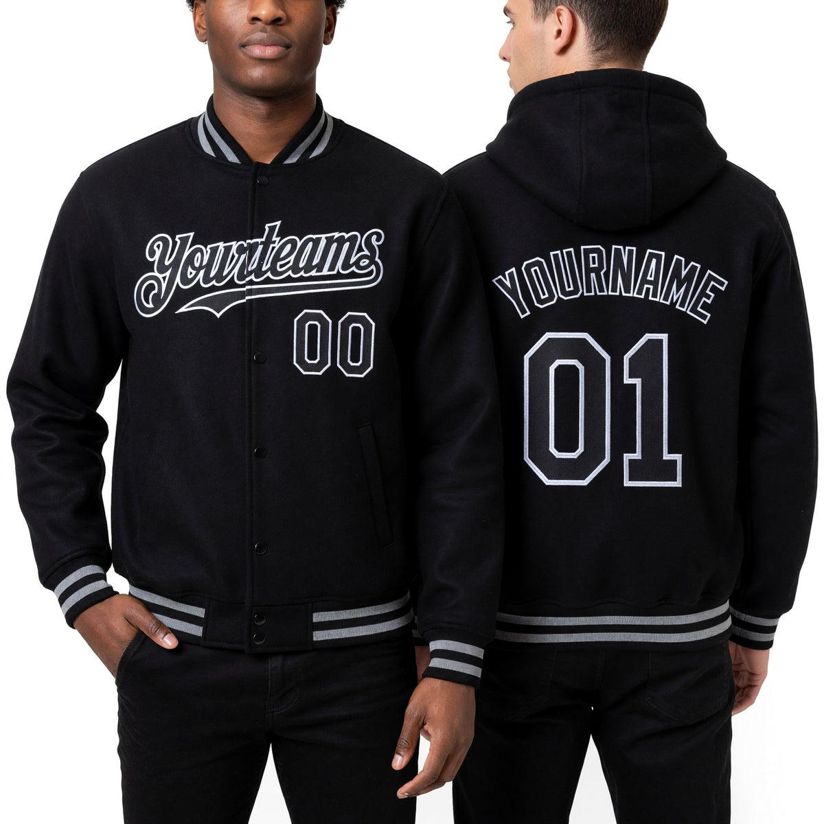 Custom Black Gray Bomber Full-Snap Varsity Letterman Hoodie Jacket worn front and back