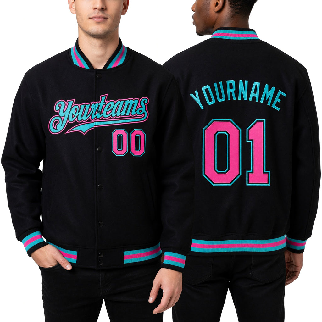 Custom Black Pink-Aqua Bomber Full-Snap Varsity Letterman Hoodie Jacket worn front and back