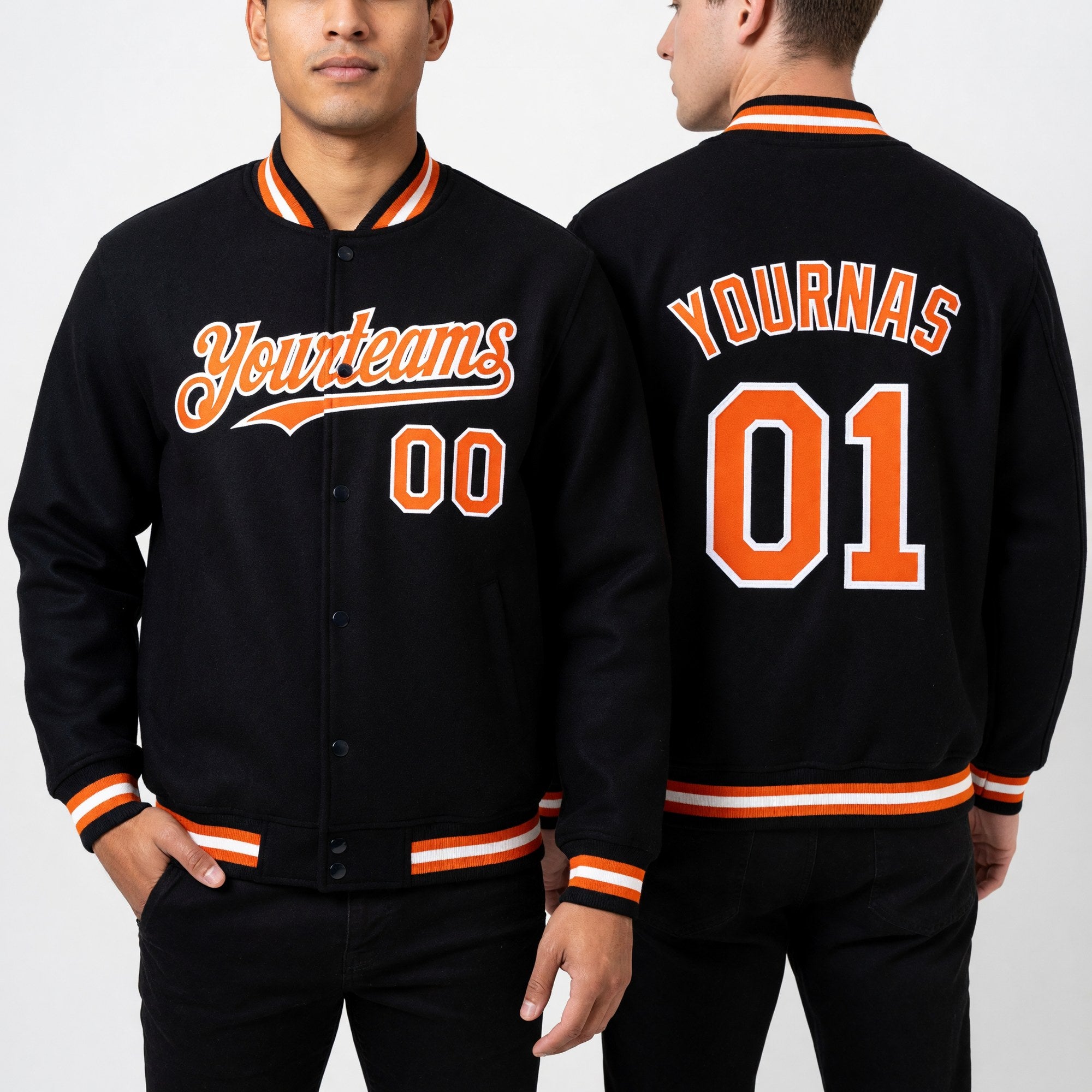 Custom Black Orange-White Bomber Full-Snap Varsity Letterman Hoodie Jacket worn front and back