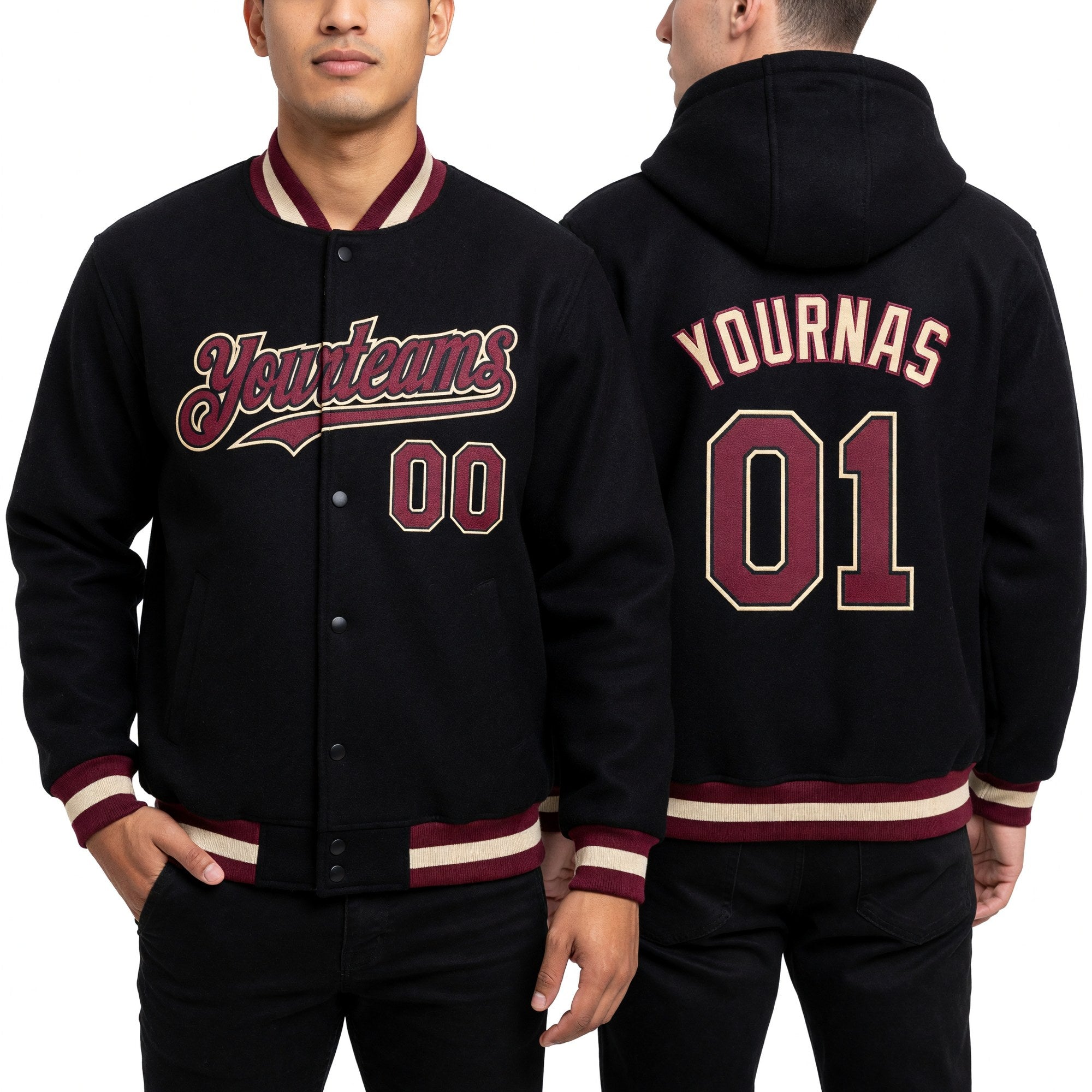 Custom Black Maroon-Cream Bomber Full-Snap Varsity Letterman Hoodie Jacket worn front and back