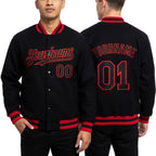 Custom Black Red Bomber Full-Snap Varsity Letterman Hoodie Jacket worn front and back