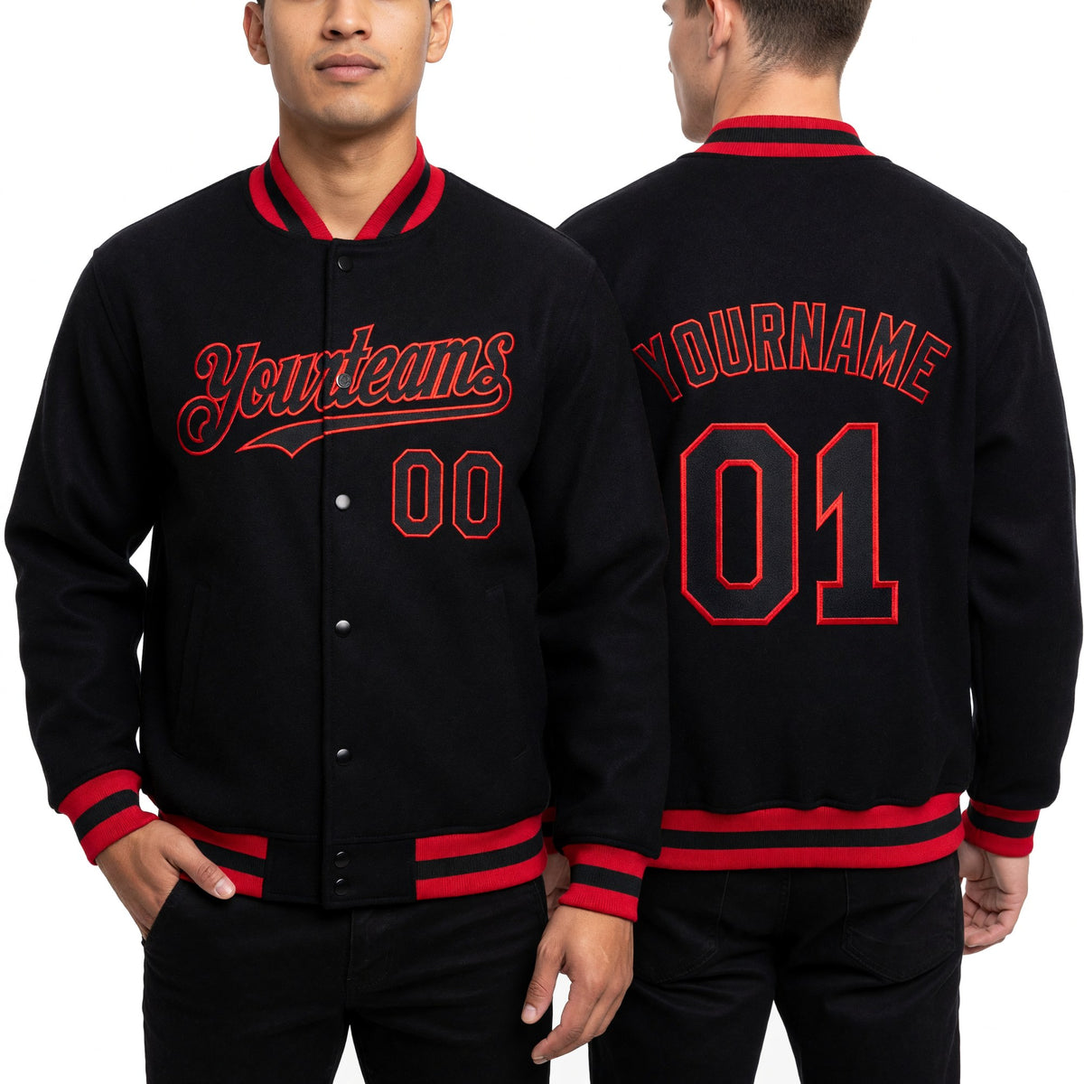 Custom Black Red Bomber Full-Snap Varsity Letterman Hoodie Jacket worn front and back