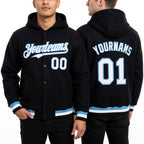 Custom Black White-Light Blue Bomber Full-Snap Varsity Letterman Hoodie Jacket worn front and back