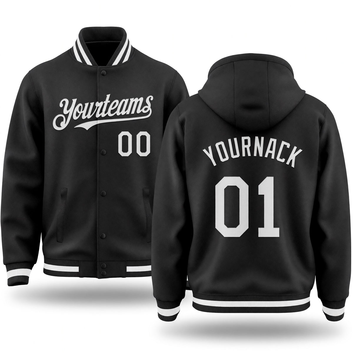 Custom Black White Bomber Full-Snap Varsity Letterman Hoodie Jacket