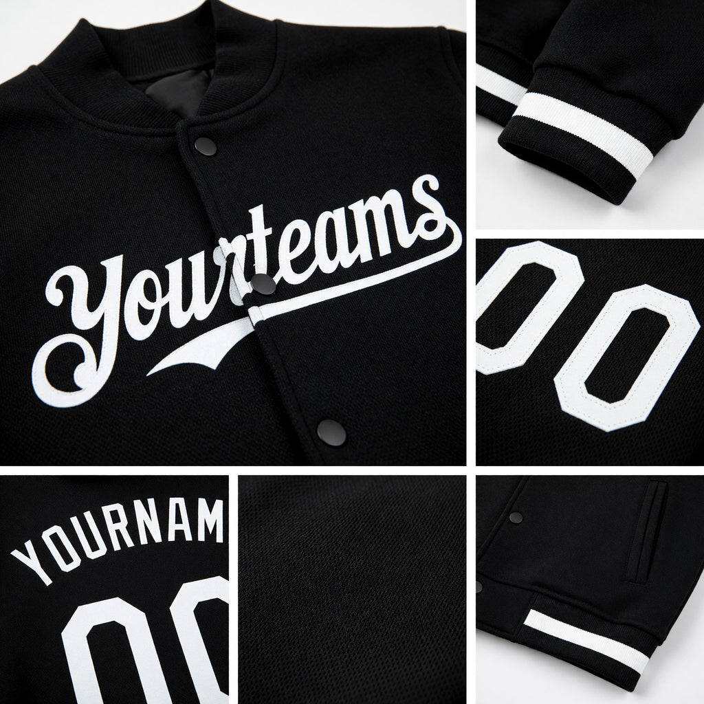 Custom Black White Bomber Full-Snap Varsity Letterman Hoodie Jacket detail