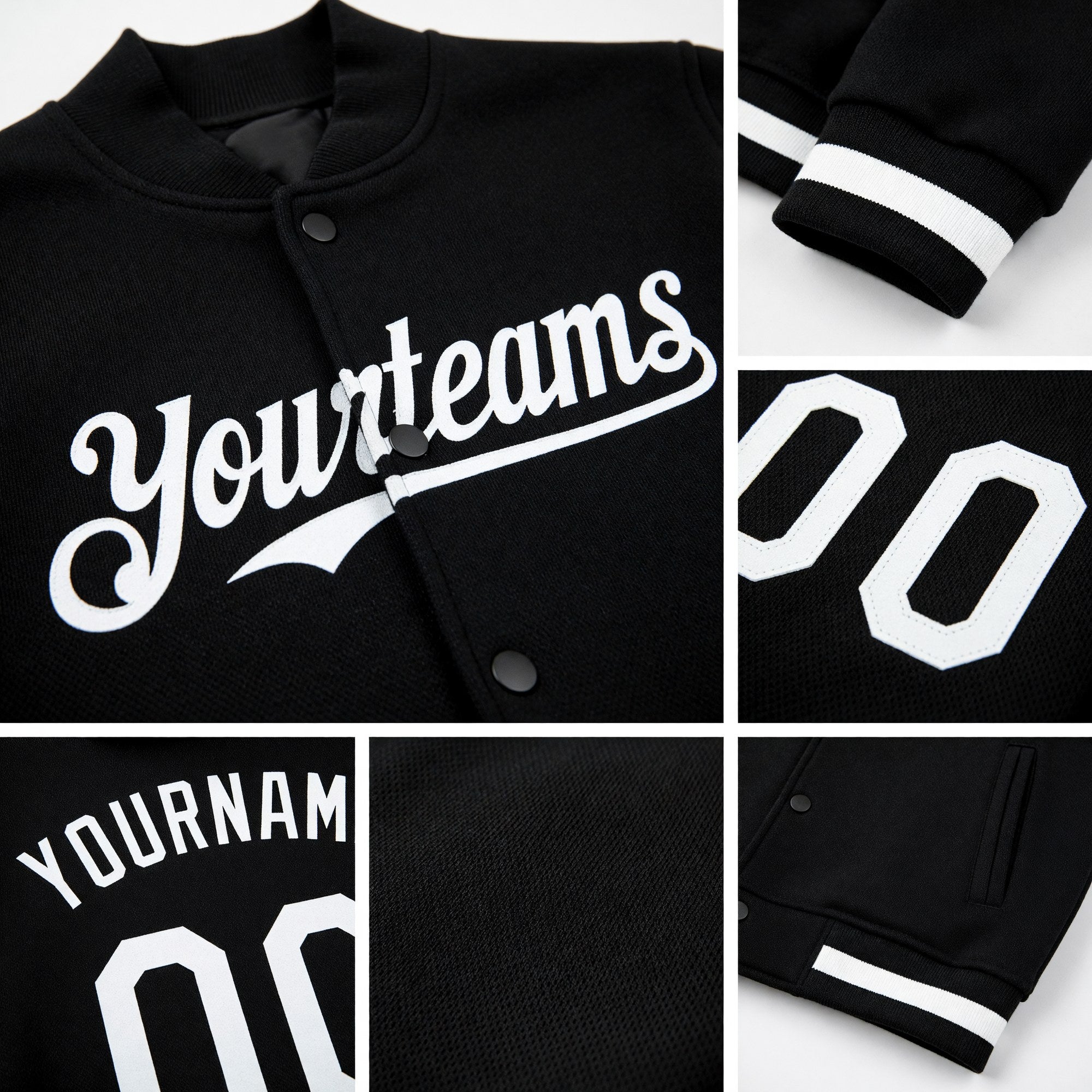 Custom Black White Bomber Full-Snap Varsity Letterman Hoodie Jacket detail