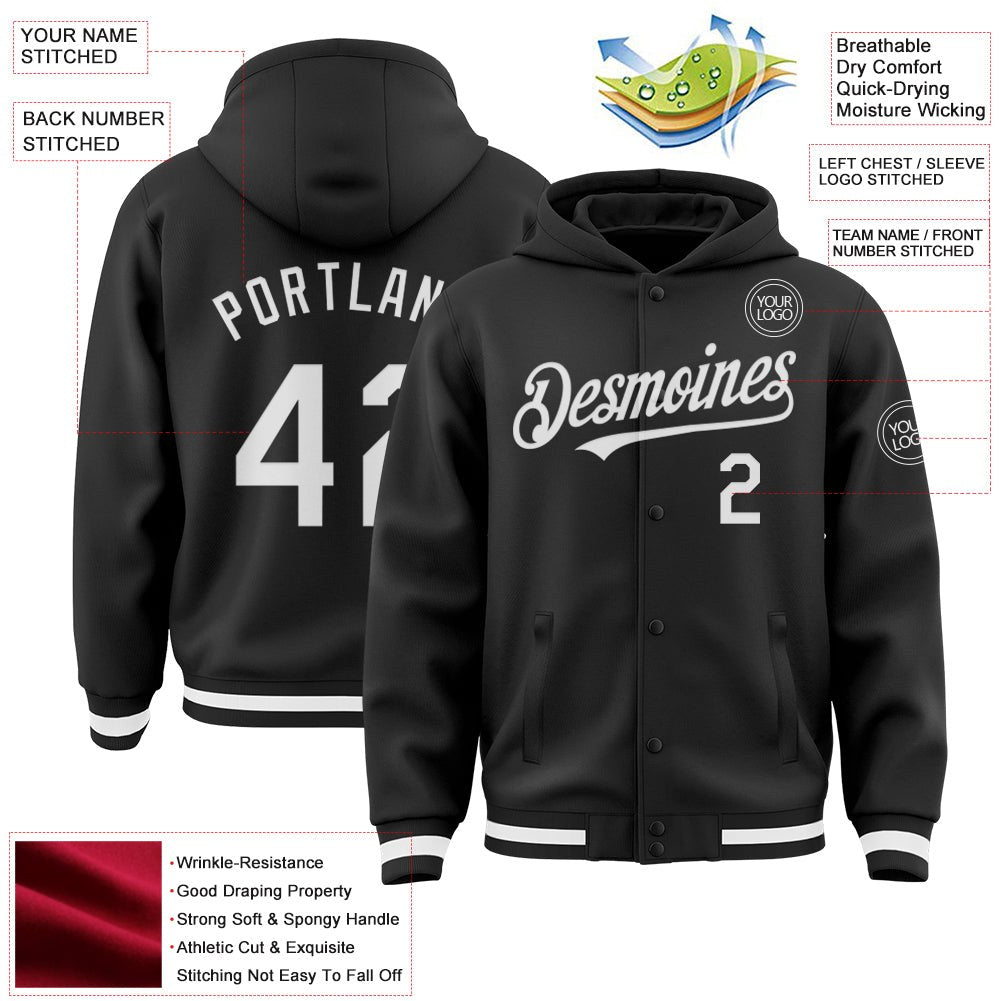 Custom Black White Bomber Full-Snap Varsity Letterman Hoodie Jacket photo 3
