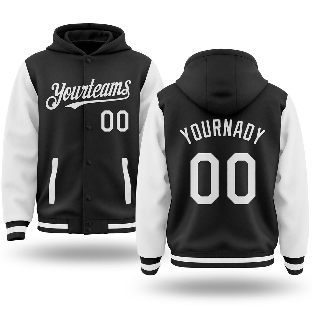 Custom Black White Bomber Full-Snap Varsity Letterman Two Tone Hoodie Jacket