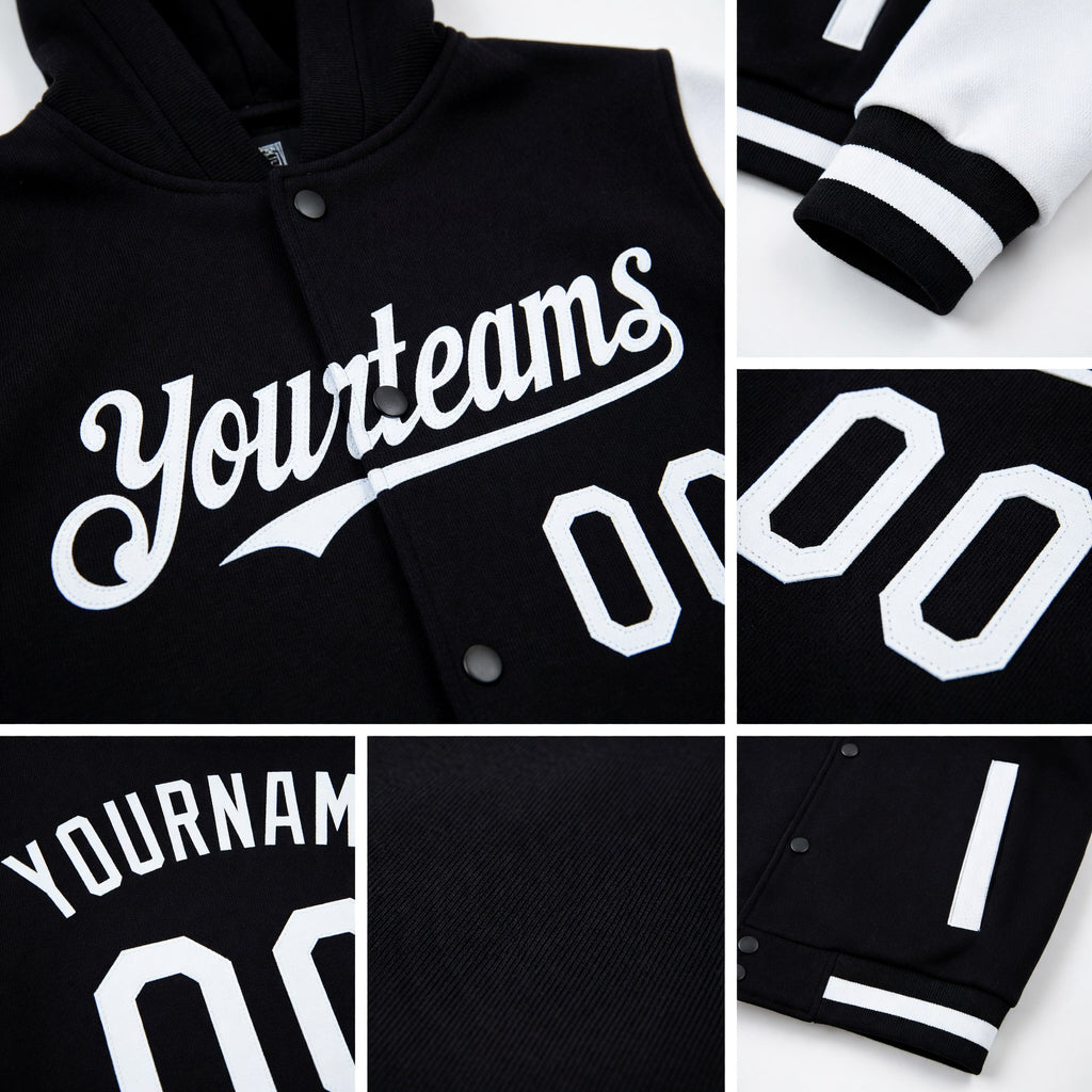 Custom Black White Bomber Full-Snap Varsity Letterman Two Tone Hoodie Jacket detail