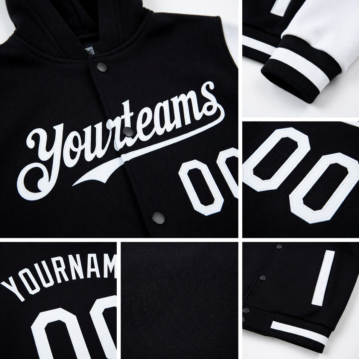 Custom Black White Bomber Full-Snap Varsity Letterman Two Tone Hoodie Jacket detail