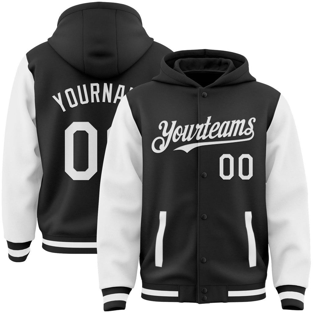 Custom Black White Bomber Full-Snap Varsity Letterman Two Tone Hoodie Jacket photo 1