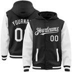 Custom Black White Bomber Full-Snap Varsity Letterman Two Tone Hoodie Jacket photo 1