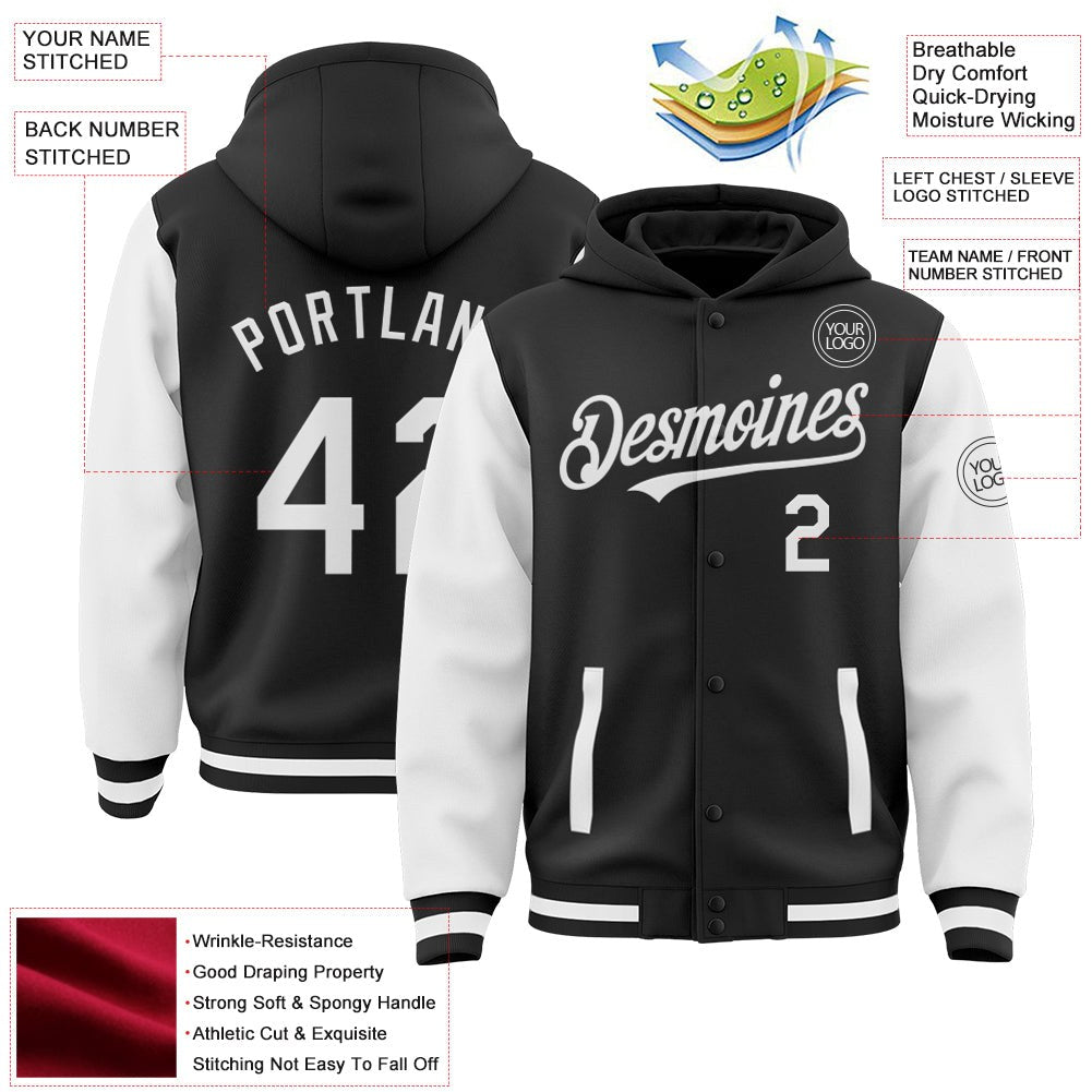 Custom Black White Bomber Full-Snap Varsity Letterman Two Tone Hoodie Jacket photo 3