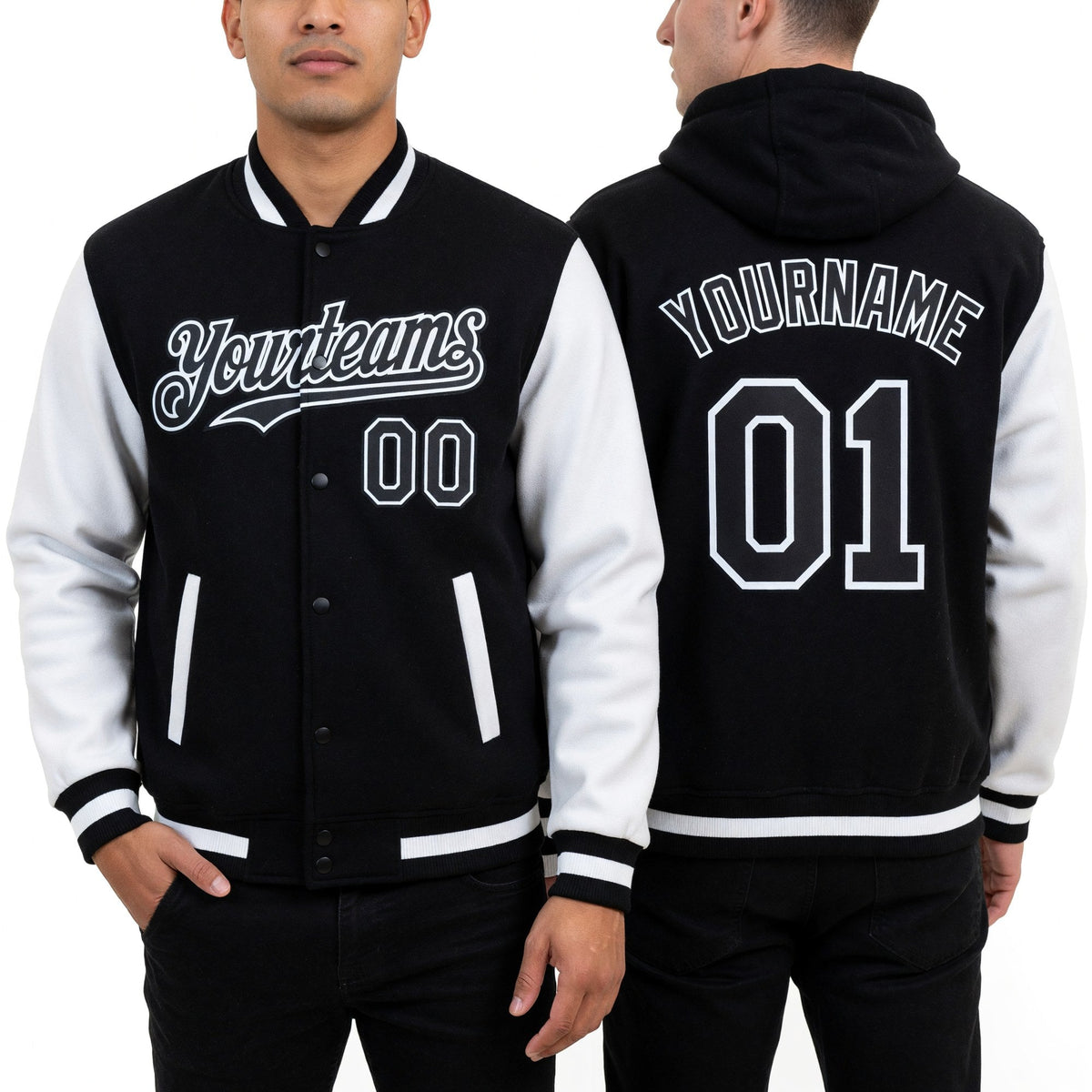 Custom Black White Bomber Full-Snap Varsity Letterman Two Tone Hoodie Jacket worn front and back