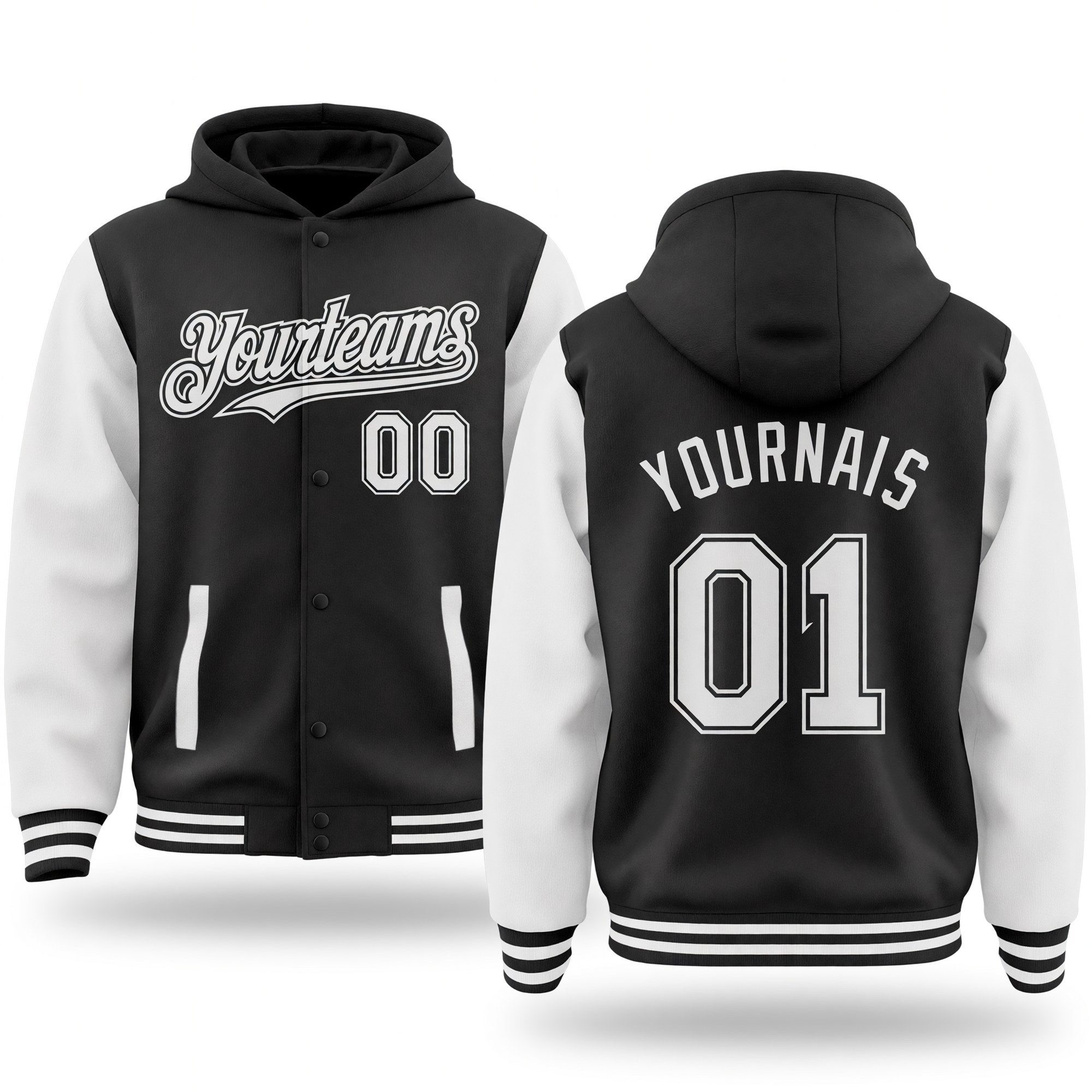 Custom Black White Bomber Full-Snap Varsity Letterman Two Tone Hoodie Jacket