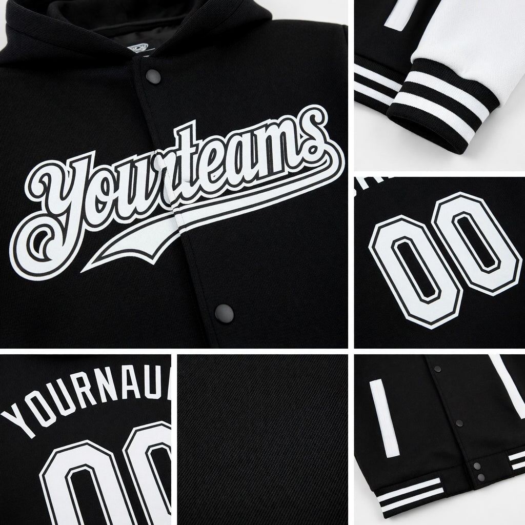 Custom Black White Bomber Full-Snap Varsity Letterman Two Tone Hoodie Jacket detail