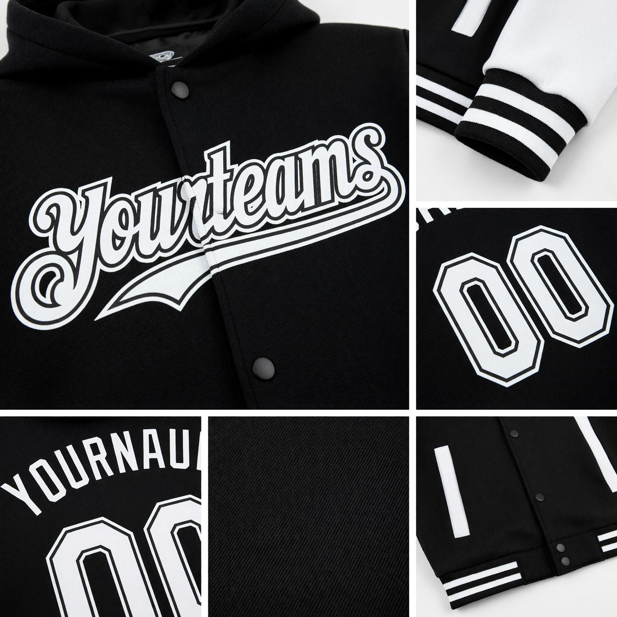 Custom Black White Bomber Full-Snap Varsity Letterman Two Tone Hoodie Jacket detail