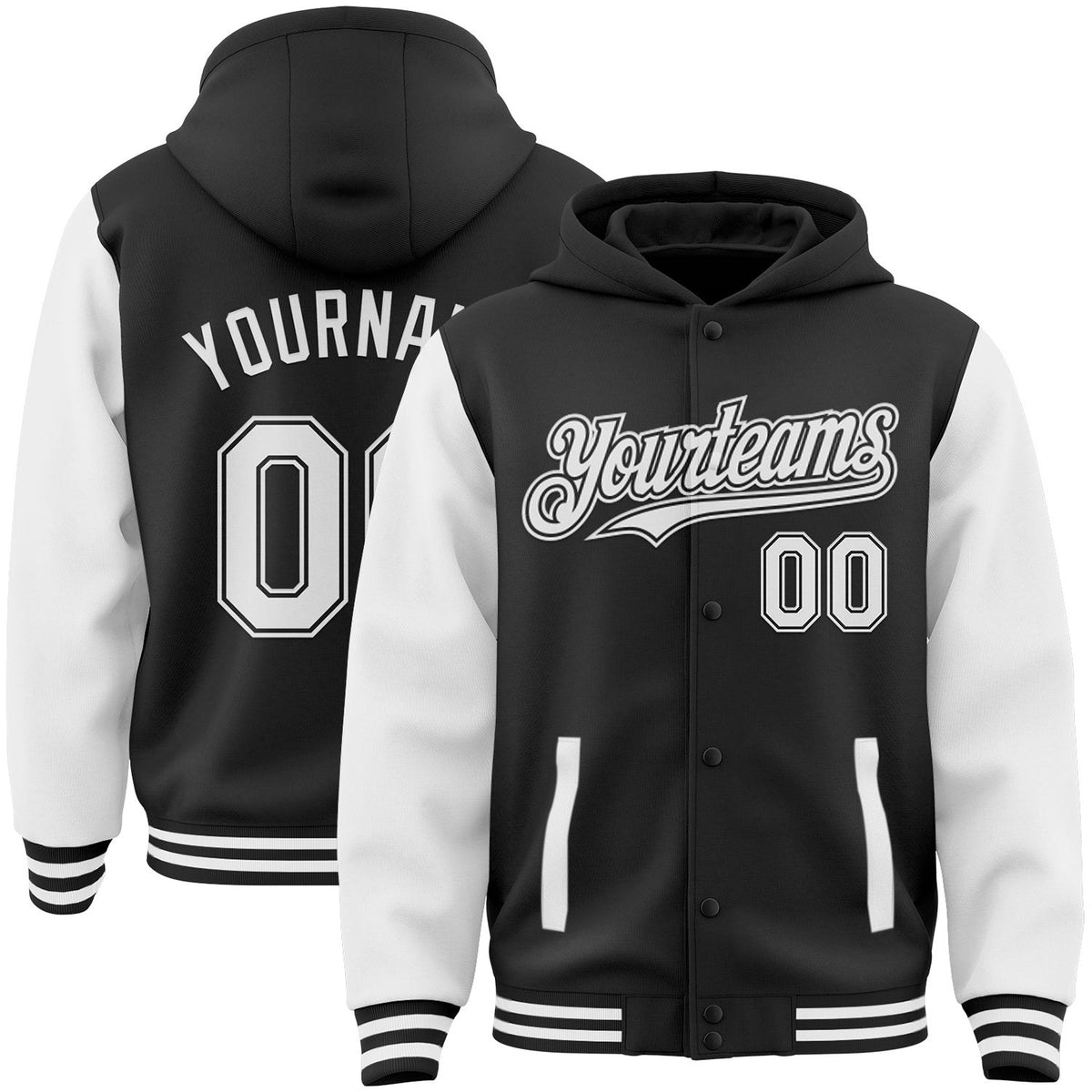Custom Black White Bomber Full-Snap Varsity Letterman Two Tone Hoodie Jacket photo 1