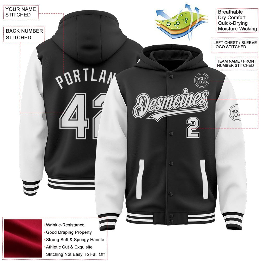 Custom Black White Bomber Full-Snap Varsity Letterman Two Tone Hoodie Jacket photo 3