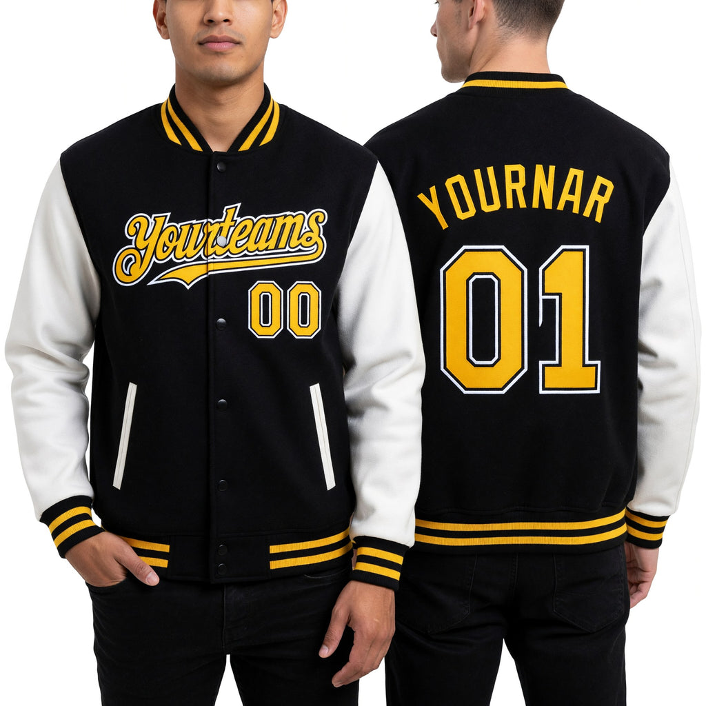 Custom Black Gold-White Bomber Full-Snap Varsity Letterman Two Tone Hoodie Jacket worn front and back