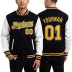 Custom Black Gold-White Bomber Full-Snap Varsity Letterman Two Tone Hoodie Jacket worn front and back